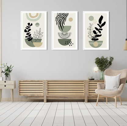 Modern boho green wall prints in a set of three for minimalist mid-century interiors.