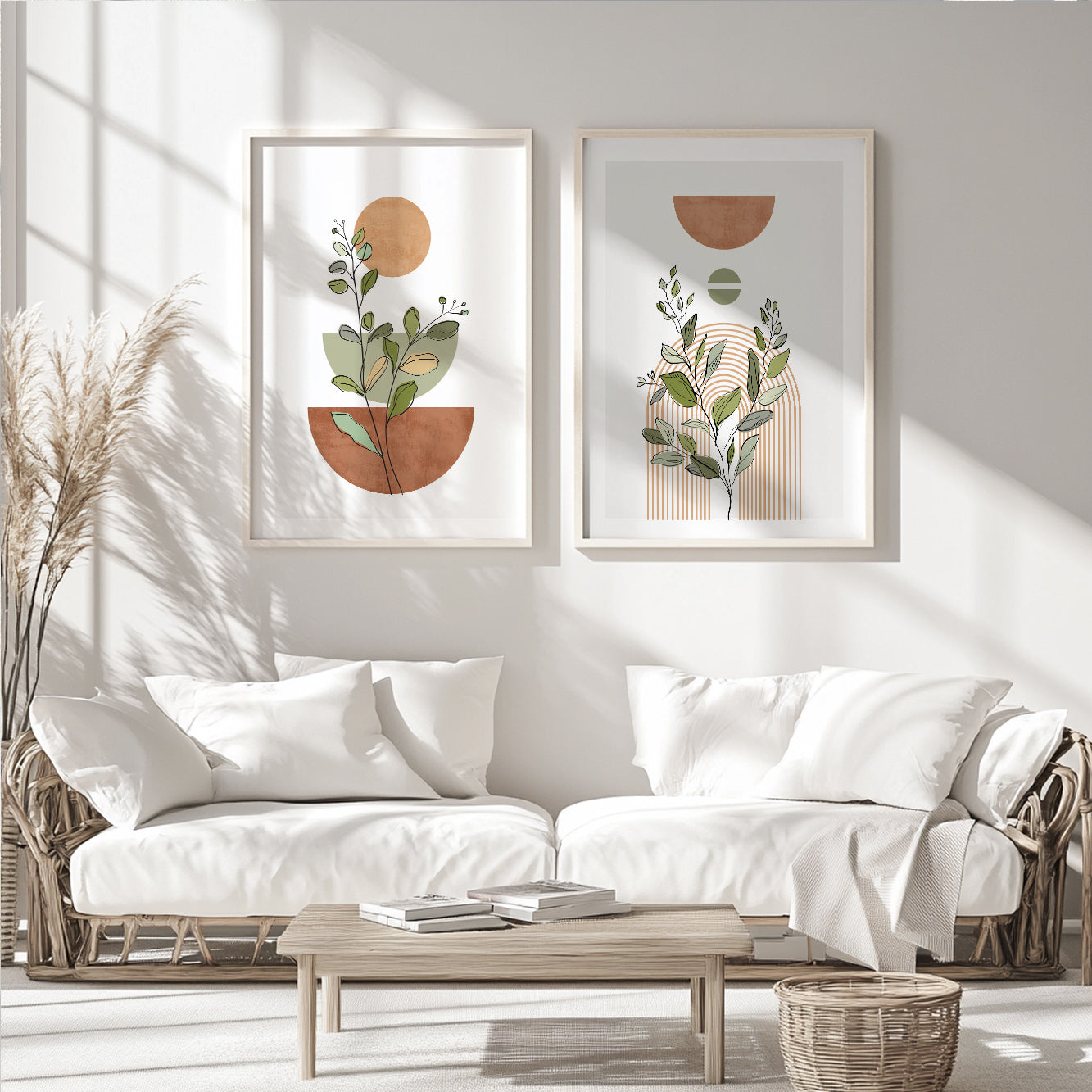 Boho wall art set of 2 – modern terracotta and beige prints for soft Nordic interior design.