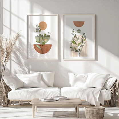 Boho wall art set of 2 – modern terracotta and beige prints for soft Nordic interior design.