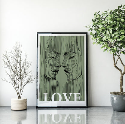 Minimalist Kissing Lovers Print – Sage Green Love Couple Wall Art, Extra Large Bedroom Decor