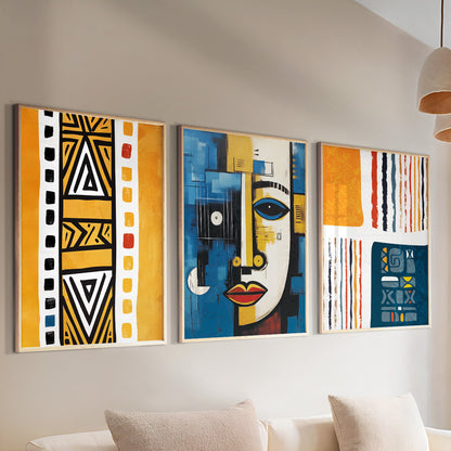 Navy Blue & Yellow African Art Set of 3 – Abstract & Ethnic (USA)