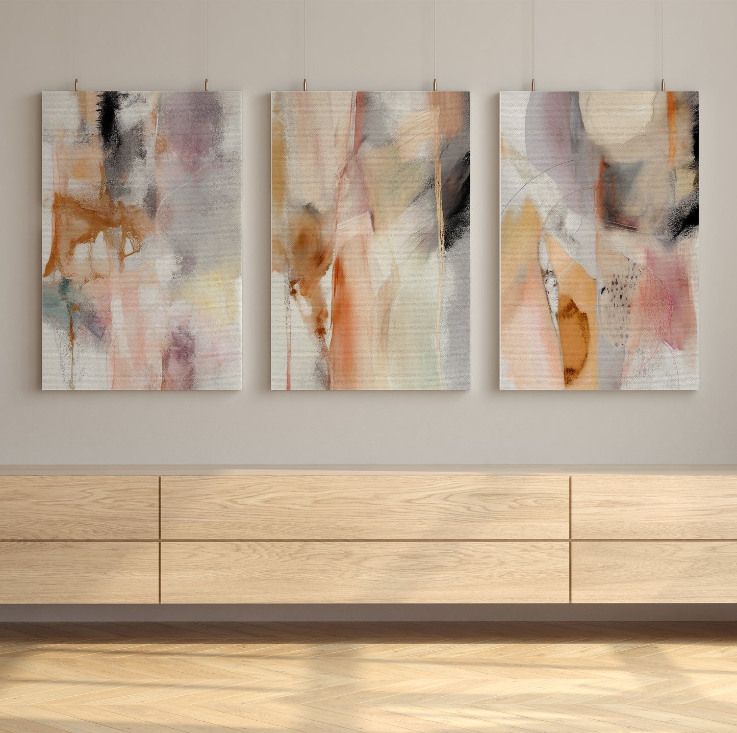 Modern pastel canvas triptych, perfect for contemporary living room or bedroom.

