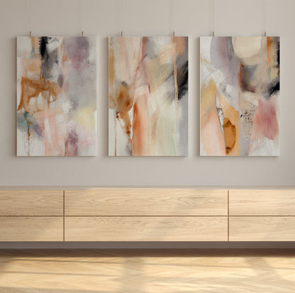 Modern pastel canvas triptych, perfect for contemporary living room or bedroom.

