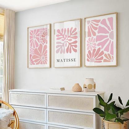 Abstract Pink Floral Matisse Set of 3 Prints – Mid Century Neutral Minimalist Gallery Wall Art, Vintage Trendy Posters