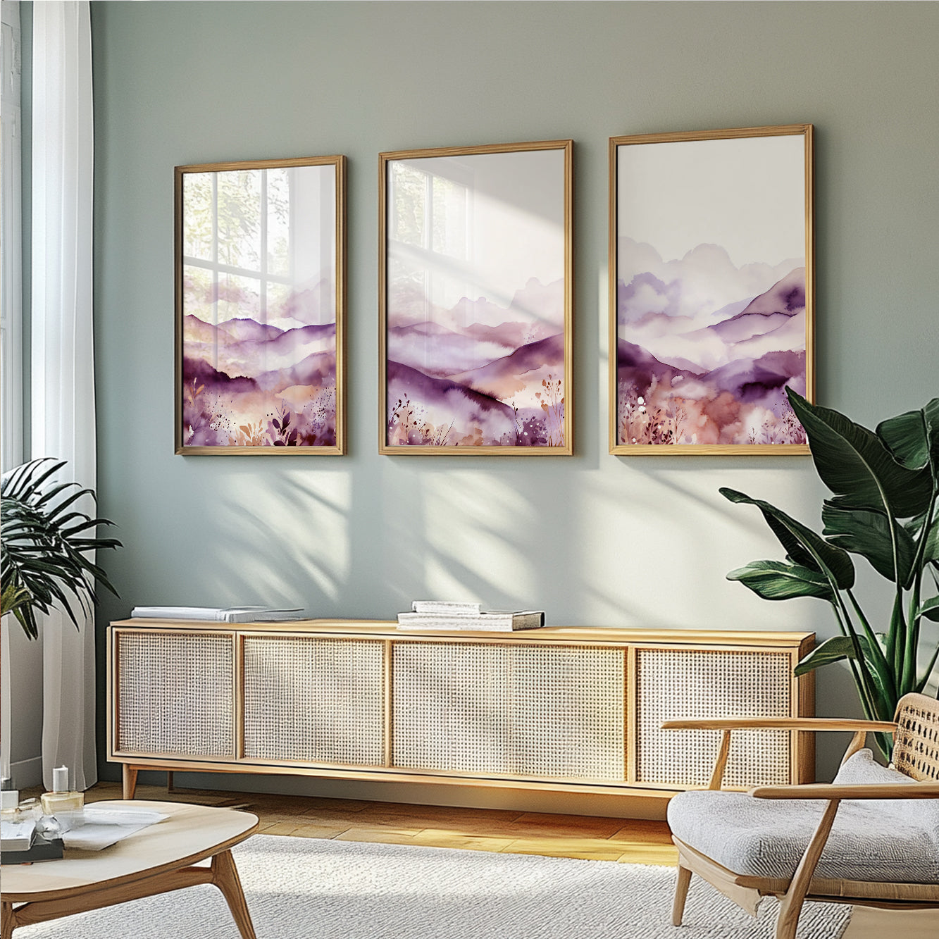 Minimalist nature wall art set featuring abstract mountain silhouettes in soft lilac and purple watercolor, perfect for tranquil room atmospheres.