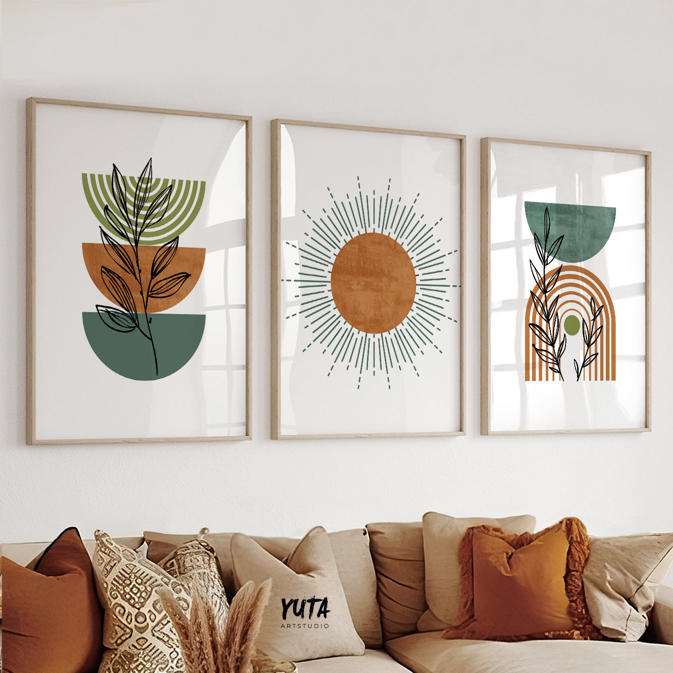 Abstract geometric boho print set with rainbow arc and leaf motifs