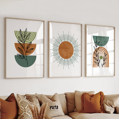 Abstract geometric boho print set with rainbow arc and leaf motifs