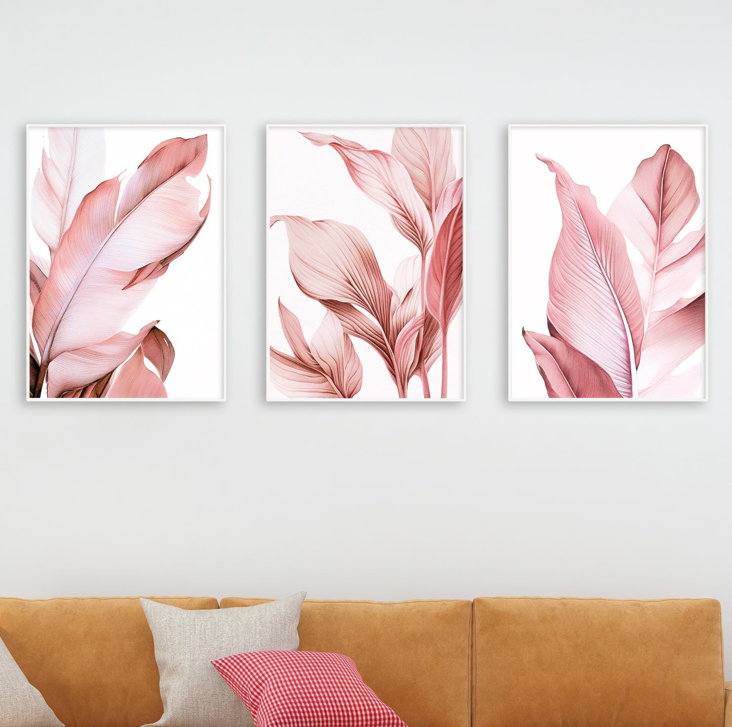Peaceful feminine bedroom with pink botanical prints, combining natural textures and clean design.


