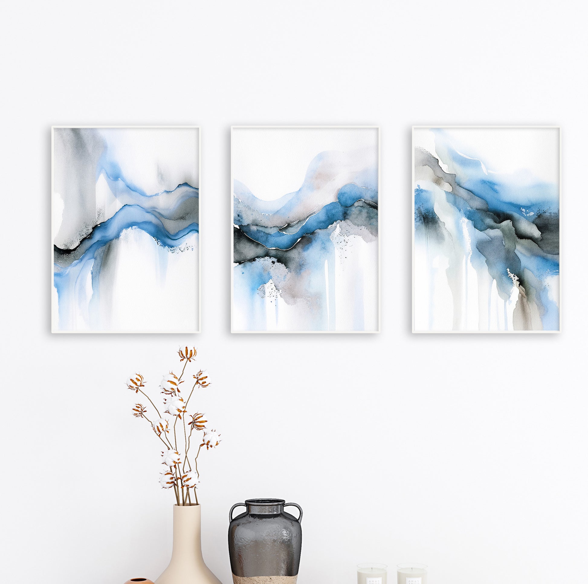 Abstract art triptych featuring soft brush textures and elegant fluid forms in cool tones.

