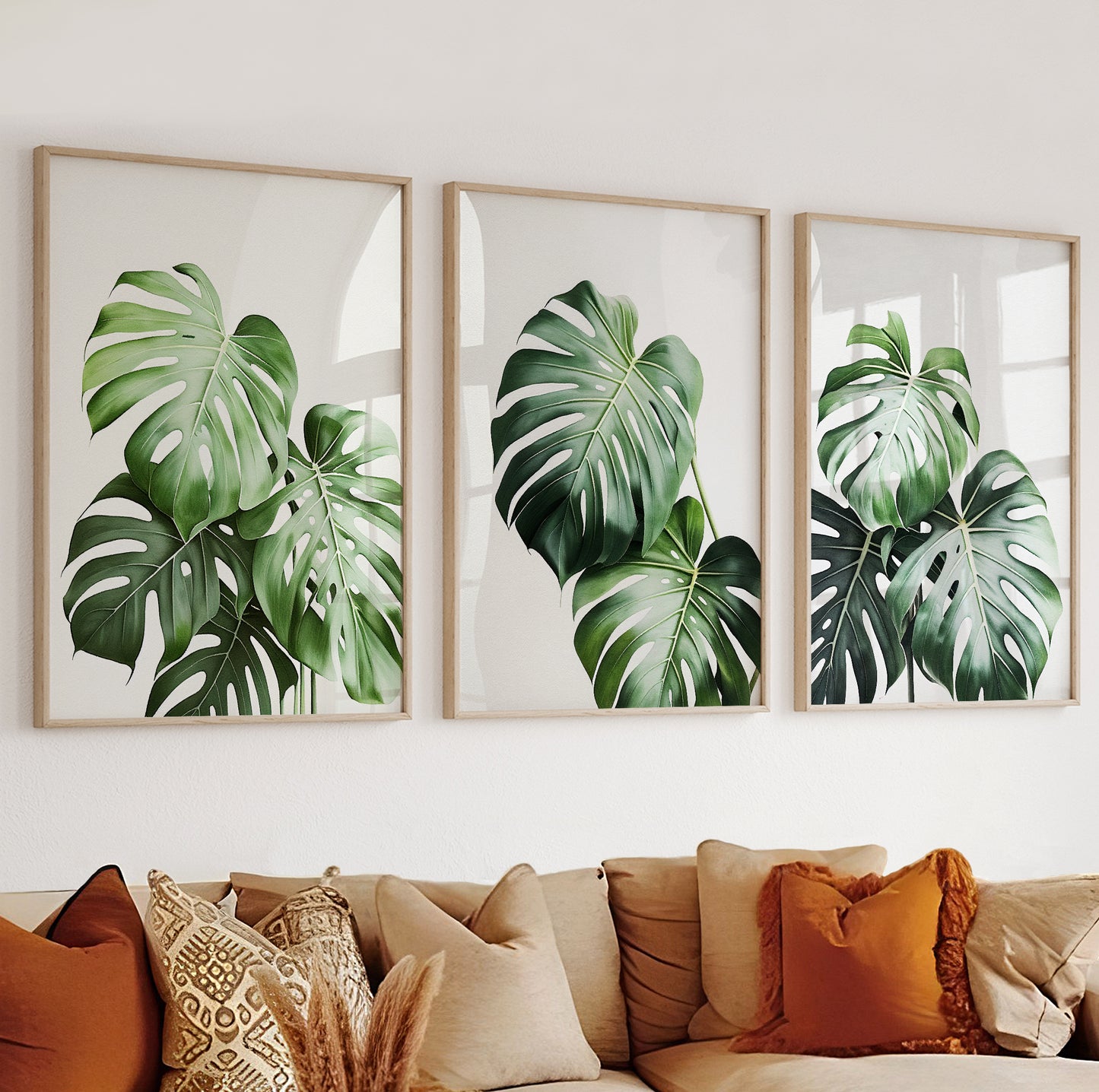 Central print with bold monstera foliage in rich tropical greens and minimal style.

