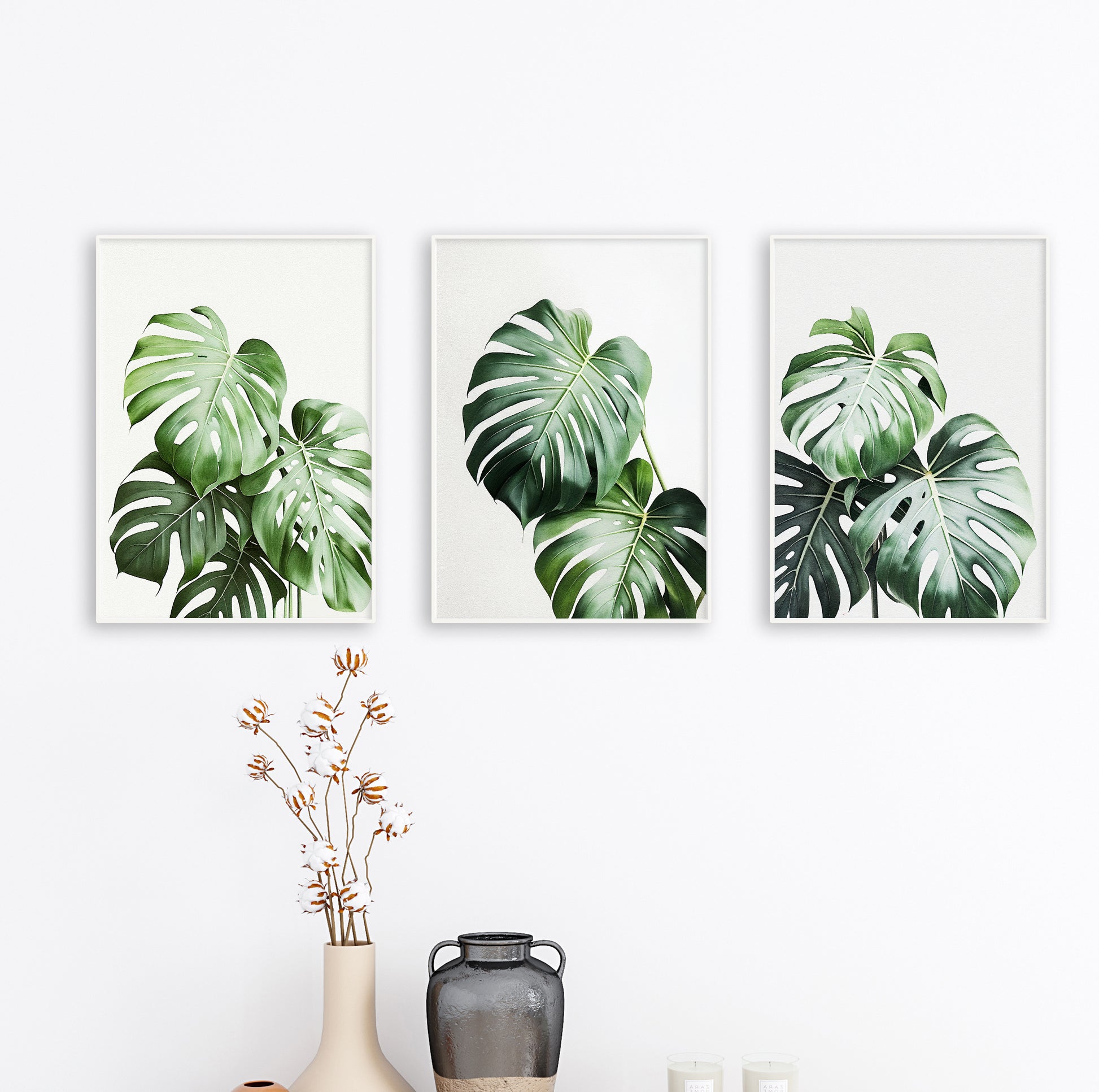 Tropical botanical poster with natural green monstera leaves, ideal for plant-themed decor.

