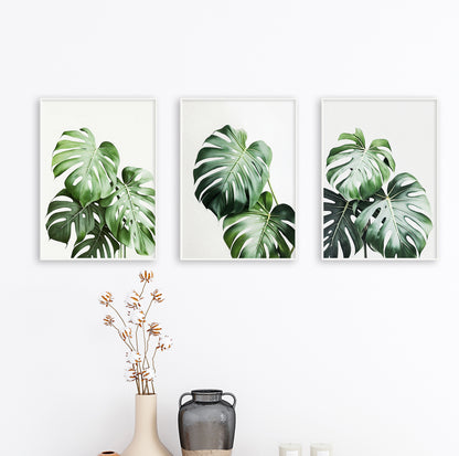 Tropical botanical poster with natural green monstera leaves, ideal for plant-themed decor.

