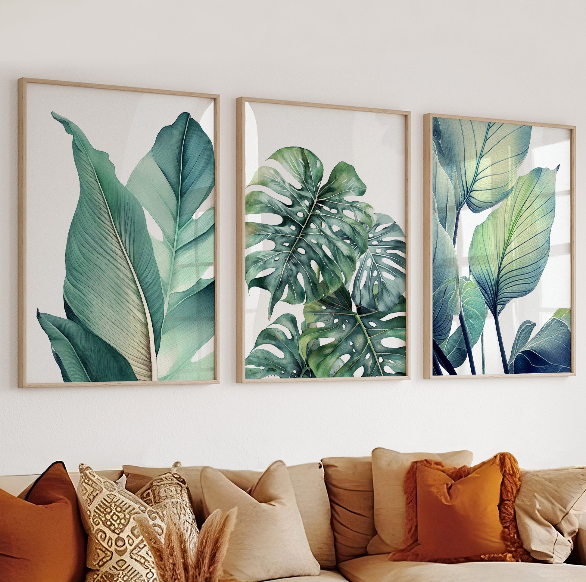 Tropical monstera print with detailed leaf texture and soft lighting, perfect for jungle-themed decor.

