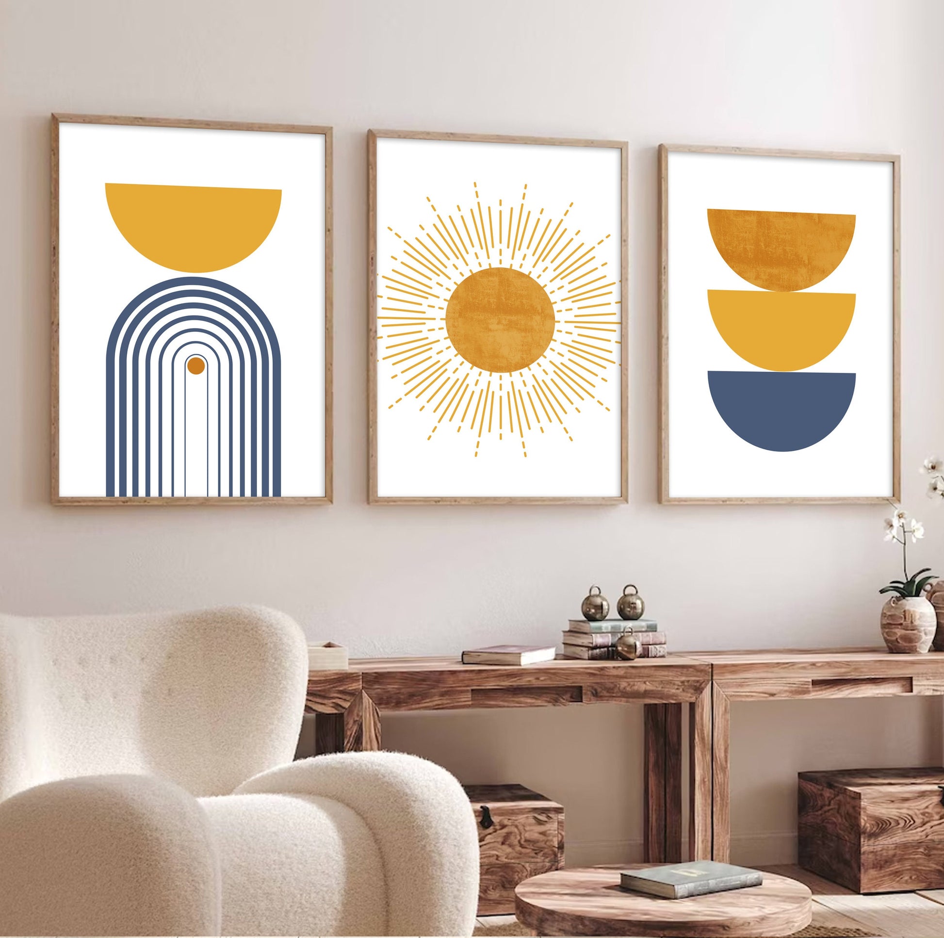 Mustard and blue mid-century modern wall art set of three for aesthetic room design.