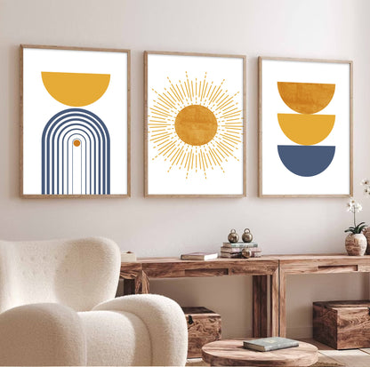 Mustard and blue mid-century modern wall art set of three for aesthetic room design.