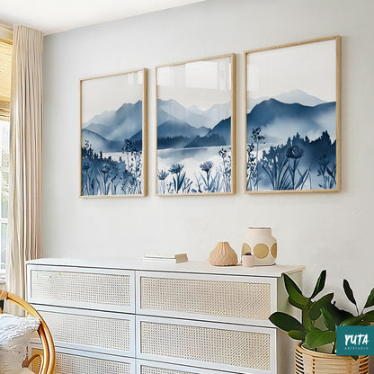  Nature triptych featuring abstract blue mountains, ideal for living room walls.
