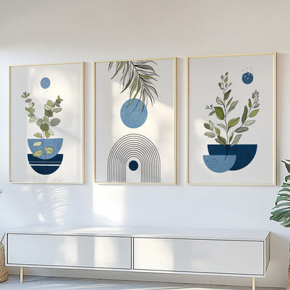 Navy blue boho wall art set of 3 – abstract botanical prints in mid century modern style for bedroom gallery walls.