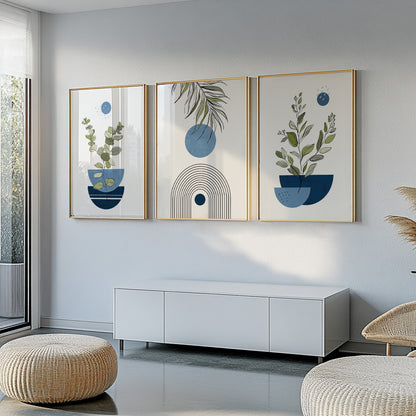 Set of 3 navy blue wall prints – boho botanical abstract art for modern bedroom gallery walls.