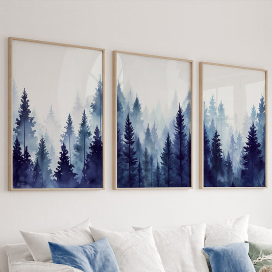 Navy blue foggy pine trees, mountain forest set of 3 prints. Nordic wall art, mountain foggy nature wall art, watercolor pine trees - Mountain wall art 