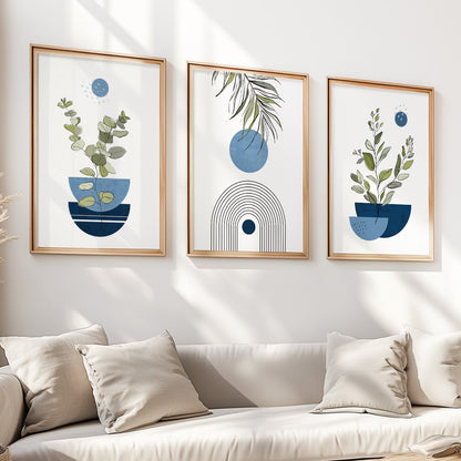 Navy blue botanical wall decor – abstract mid century modern prints in a set of three for bedroom walls.