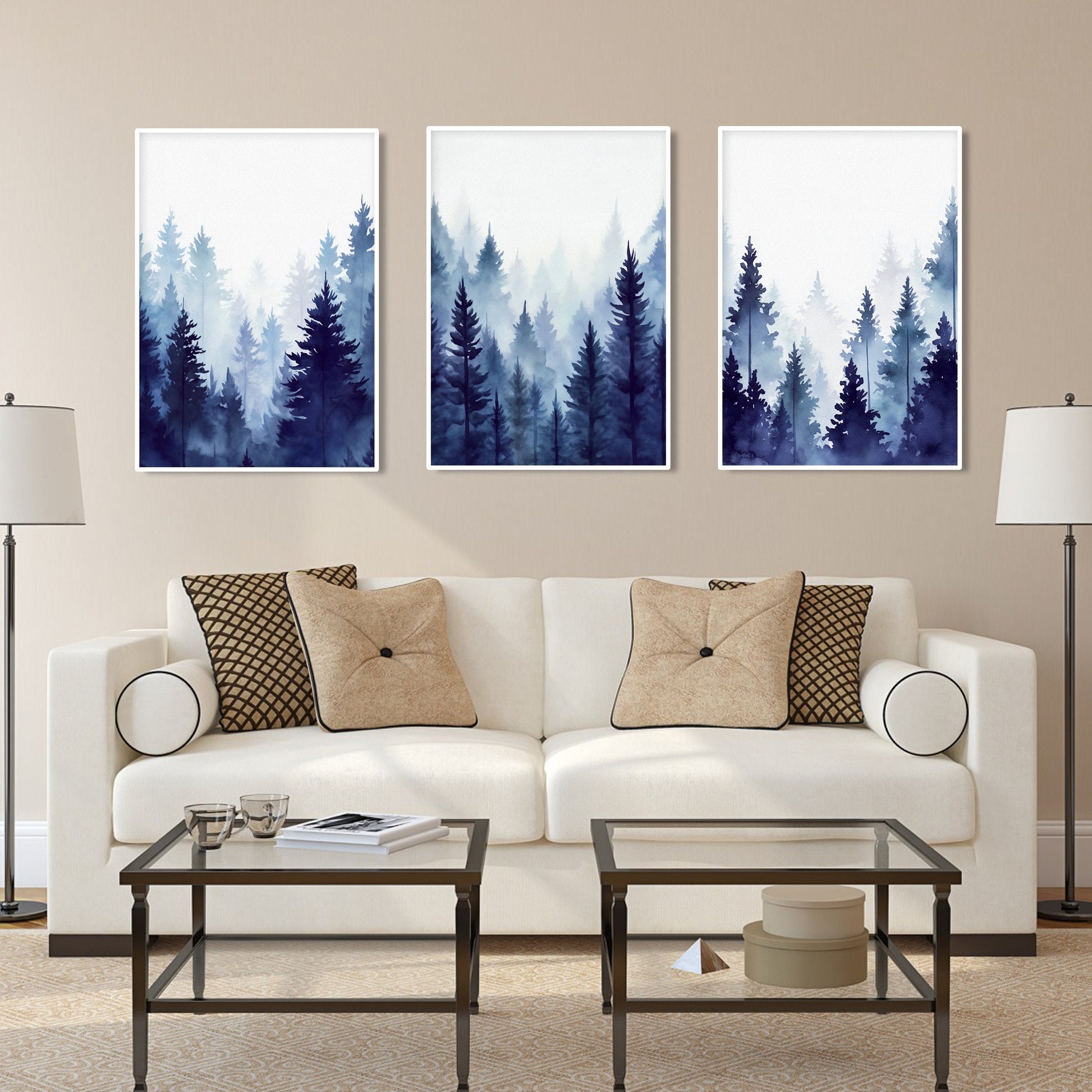 Set of 3 foggy mountain and pine forest prints, minimalist Nordic wall art.

