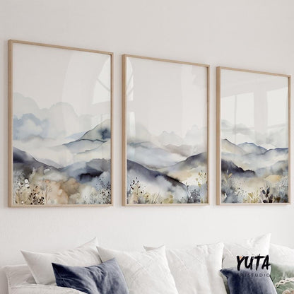 Neutral abstract mountain set of 3 prints. Modern minimalist landscape gallery wall set. Nature nordic abstract print, 3 piece wall art