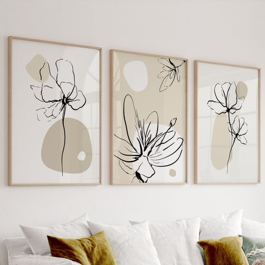 Neutral beige boho floral gallery wall set of 3 prints for minimalist mid-century decor.