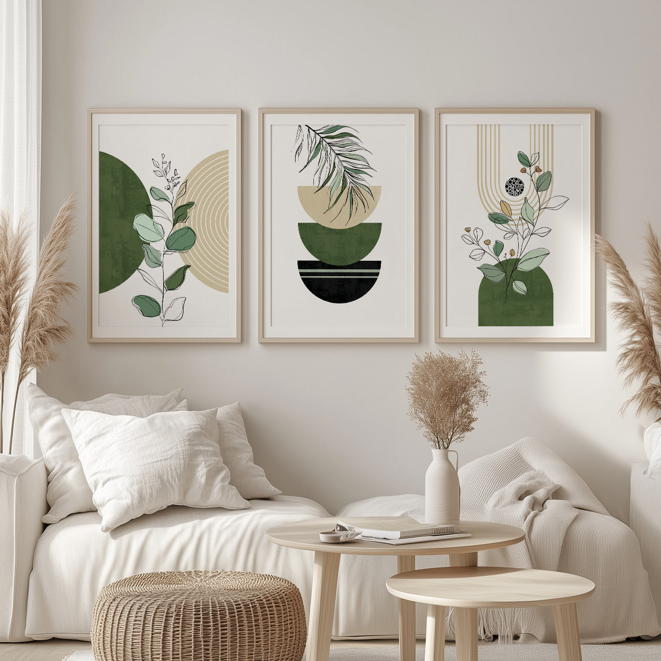 Neutral bohemian wall art set of 3 prints in terracotta green for living room decor.