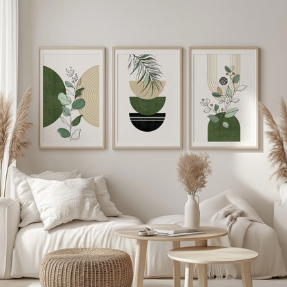 Neutral bohemian wall art set of 3 prints in terracotta green for living room decor.