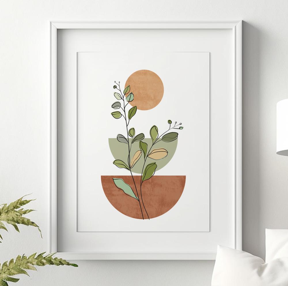 Neutral boho botanical wall art print with minimalist mid-century modern design.