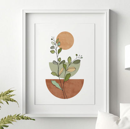 Neutral boho botanical wall art print with minimalist mid-century modern design.