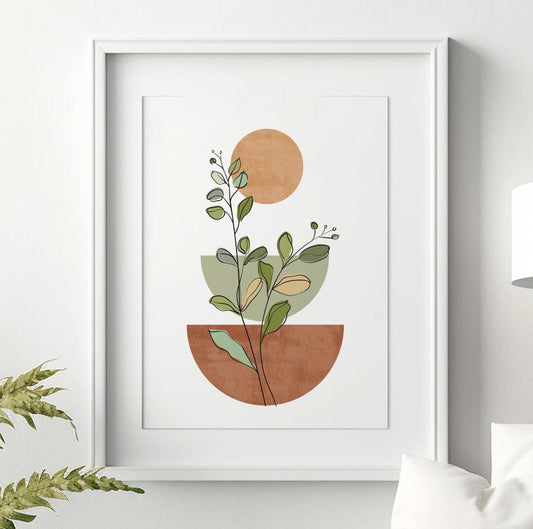 Neutral boho botanical wall art print with minimalist mid-century modern design.