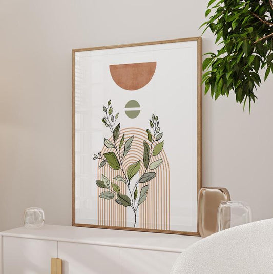 Neutral boho botanical wall print for minimalist and mid-century modern interiors.