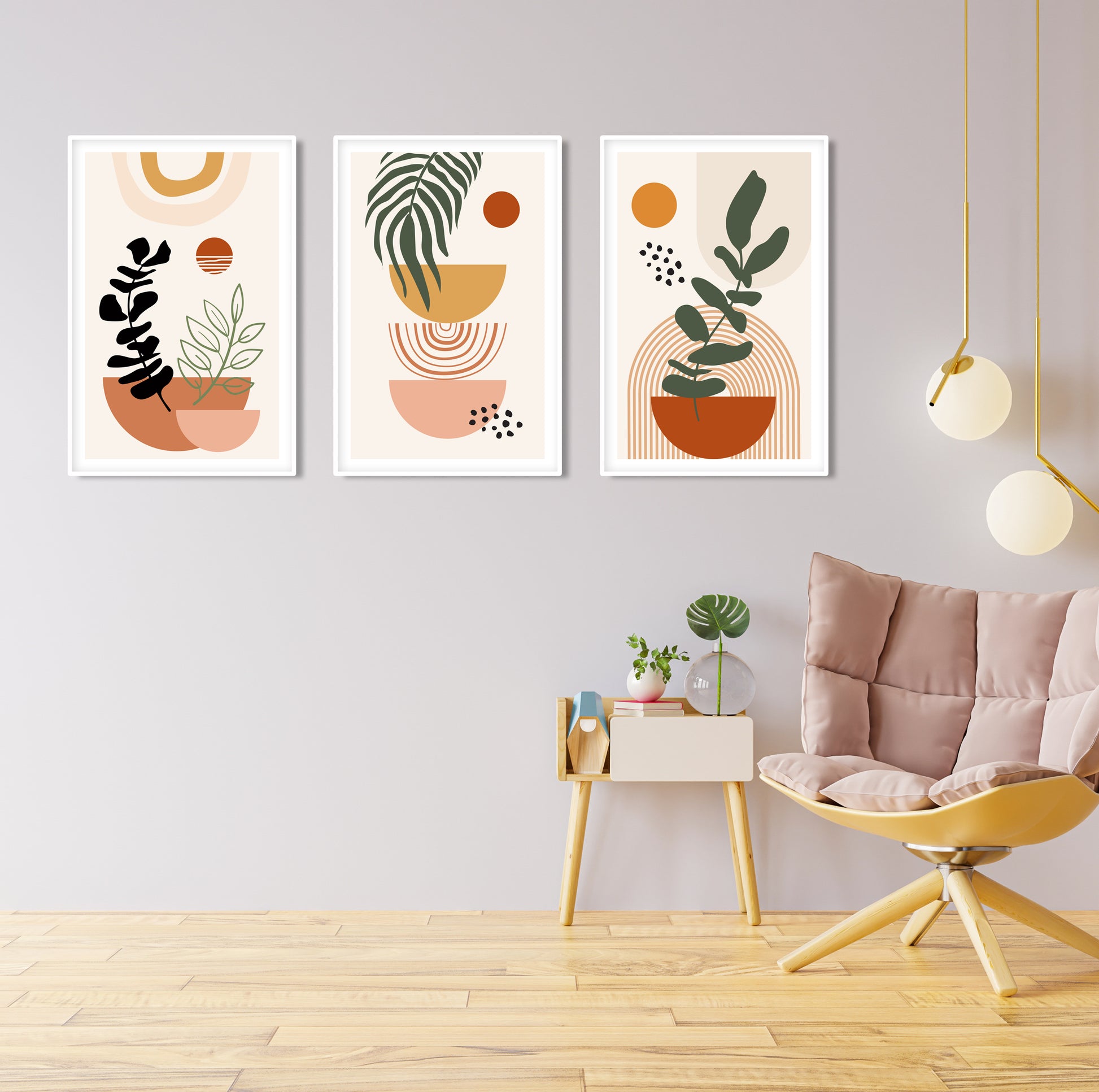 Terracotta boho poster trio with neutral tones, mid-century modern printable wall decor for home interior
