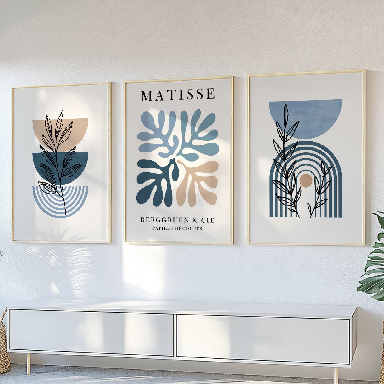 Set of 3 Matisse Prints – Neutral Mid Century Modern Above Bed Art, Trendy Botanical Wall Art, Large Gallery Set for Living Room