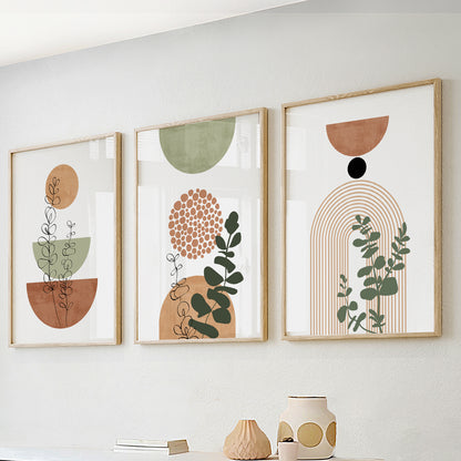 Terracotta and green triptych – mid century modern boho wall art set for stylish, calming interiors.