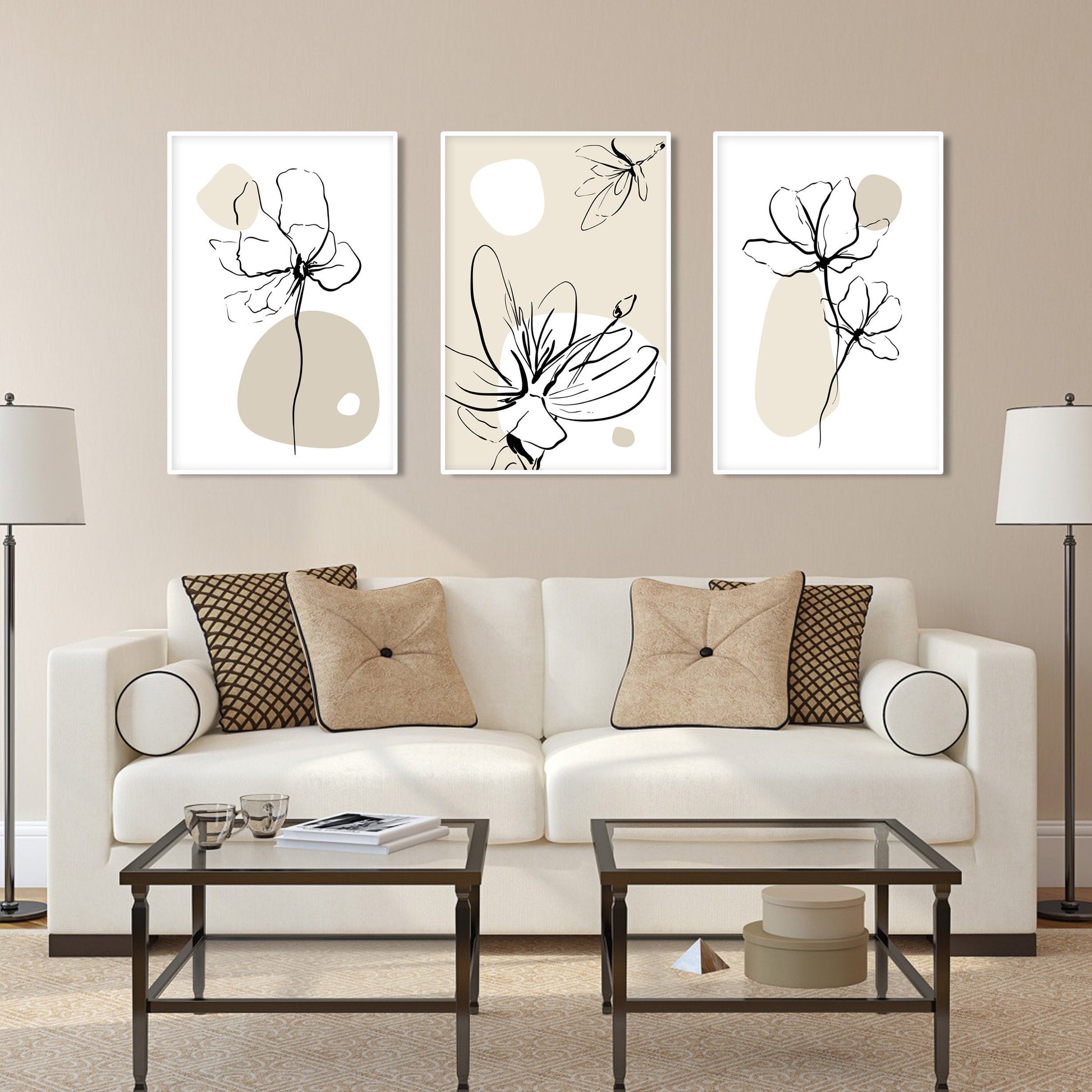 Neutral mid-century floral wall art set with bohemian botanical themes in beige.