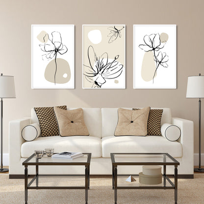Neutral mid-century floral wall art set with bohemian botanical themes in beige.
