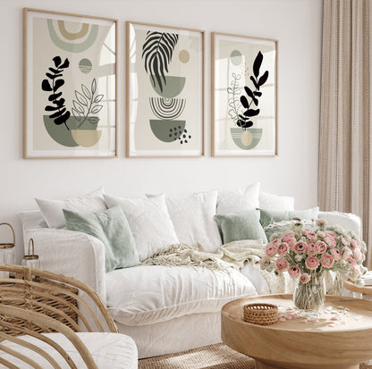 Neutral mid-century green wall art prints in boho style, perfect for living rooms.