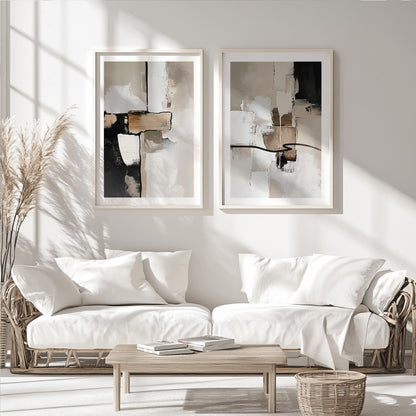 Neutral Abstract Brush Stroke Set of 2 – Black Beige Minimalist Art