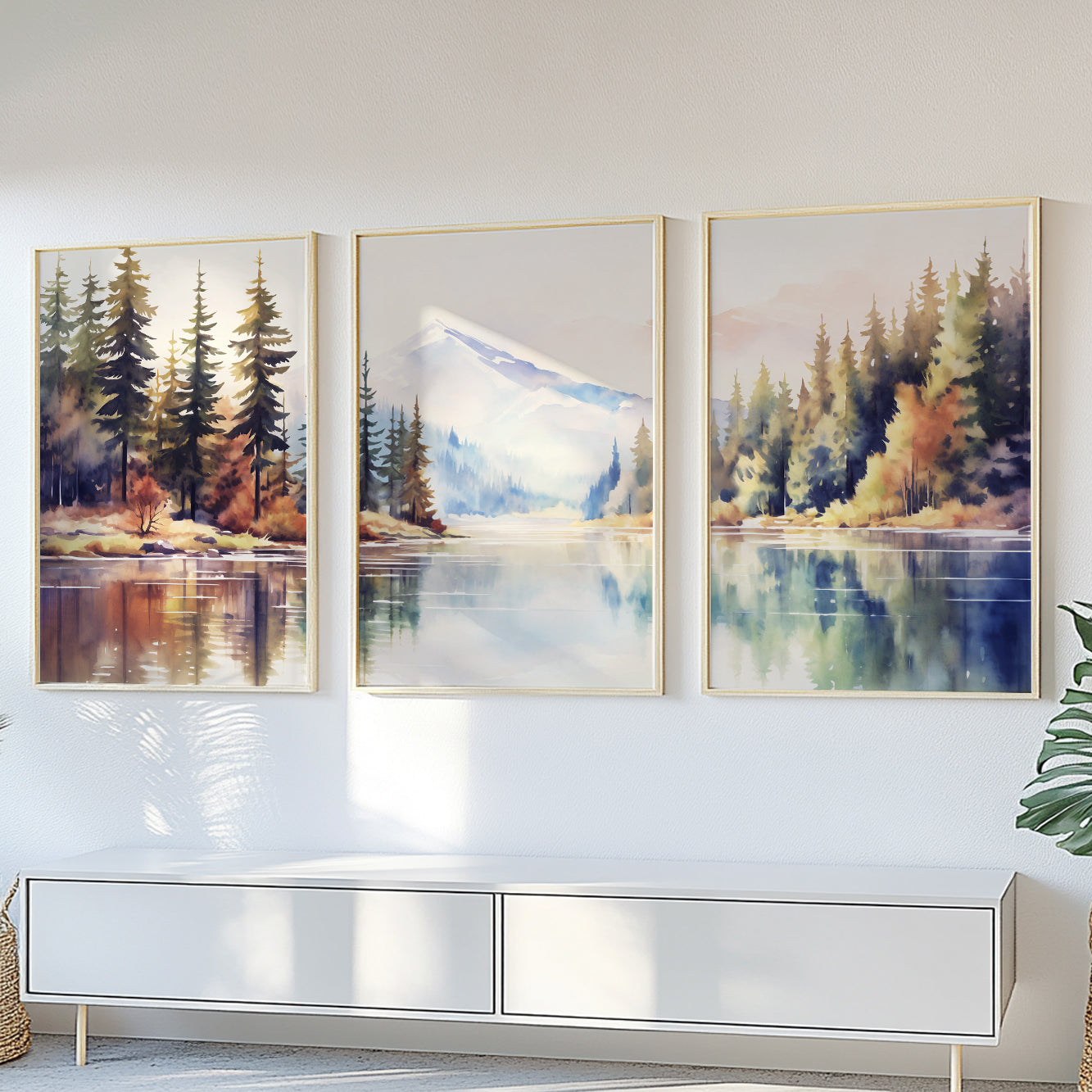 Neutral Mountain Lake Set of 3 Prints – Modern Forest Landscape Gallery Wall Art