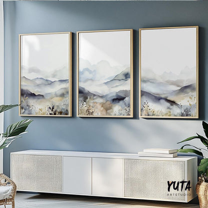 Modern mountain wall art – minimalist Nordic nature print set of 3.