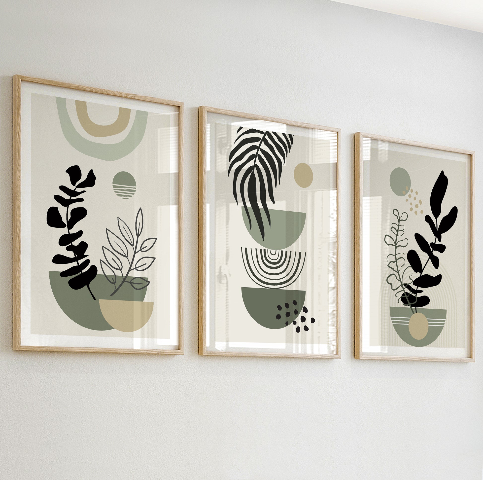 Neutral abstract plant art with olive green and beige tones in minimalist plant pot shapes.

