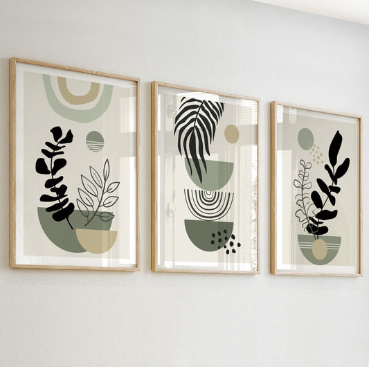 Neutral abstract plant art with olive green and beige tones in minimalist plant pot shapes.

