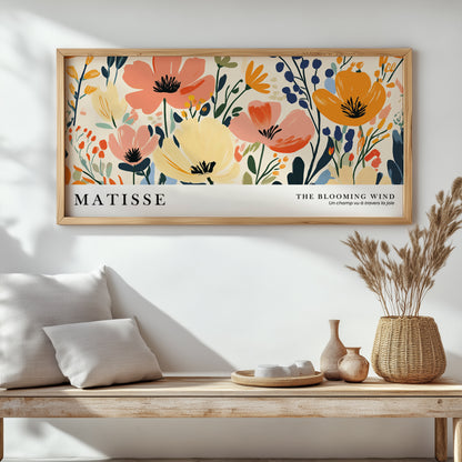 Large colorful wild flower wall art in Matisse style, long narrow horizontal botanical poster.