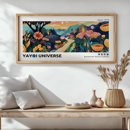 Floral abstract sunset poster – panoramic mountain wall art in Kusama-inspired aesthetic.
