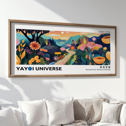 Panoramic abstract mountain print – colorful Kusama-inspired Japandi wall art with floral sunset tones.