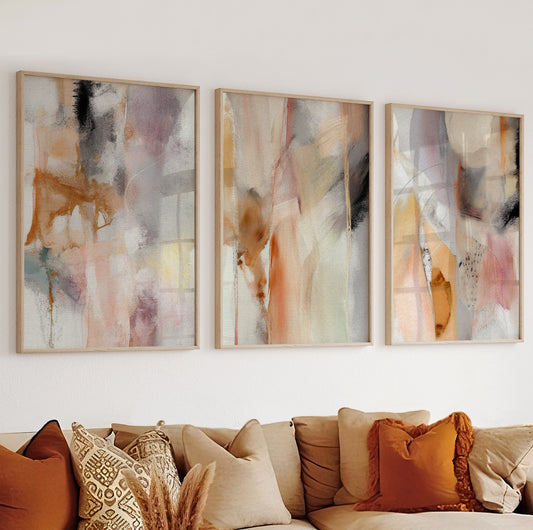 Abstract pastel canvas triptych wall art in peach and beige tones