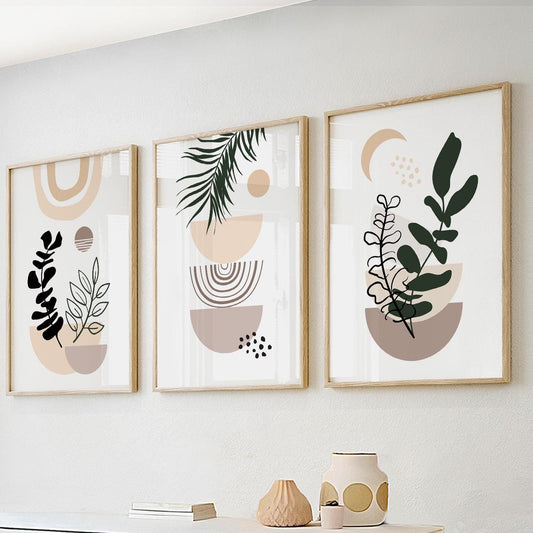 Set of 3 pastel beige boho wall prints – neutral black and beige digital art for above bed or gallery wall.