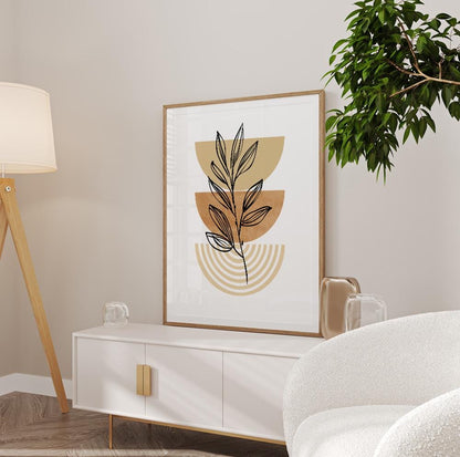 Pastel boho wall art print featuring natural shapes and earthy mid-century tones.
